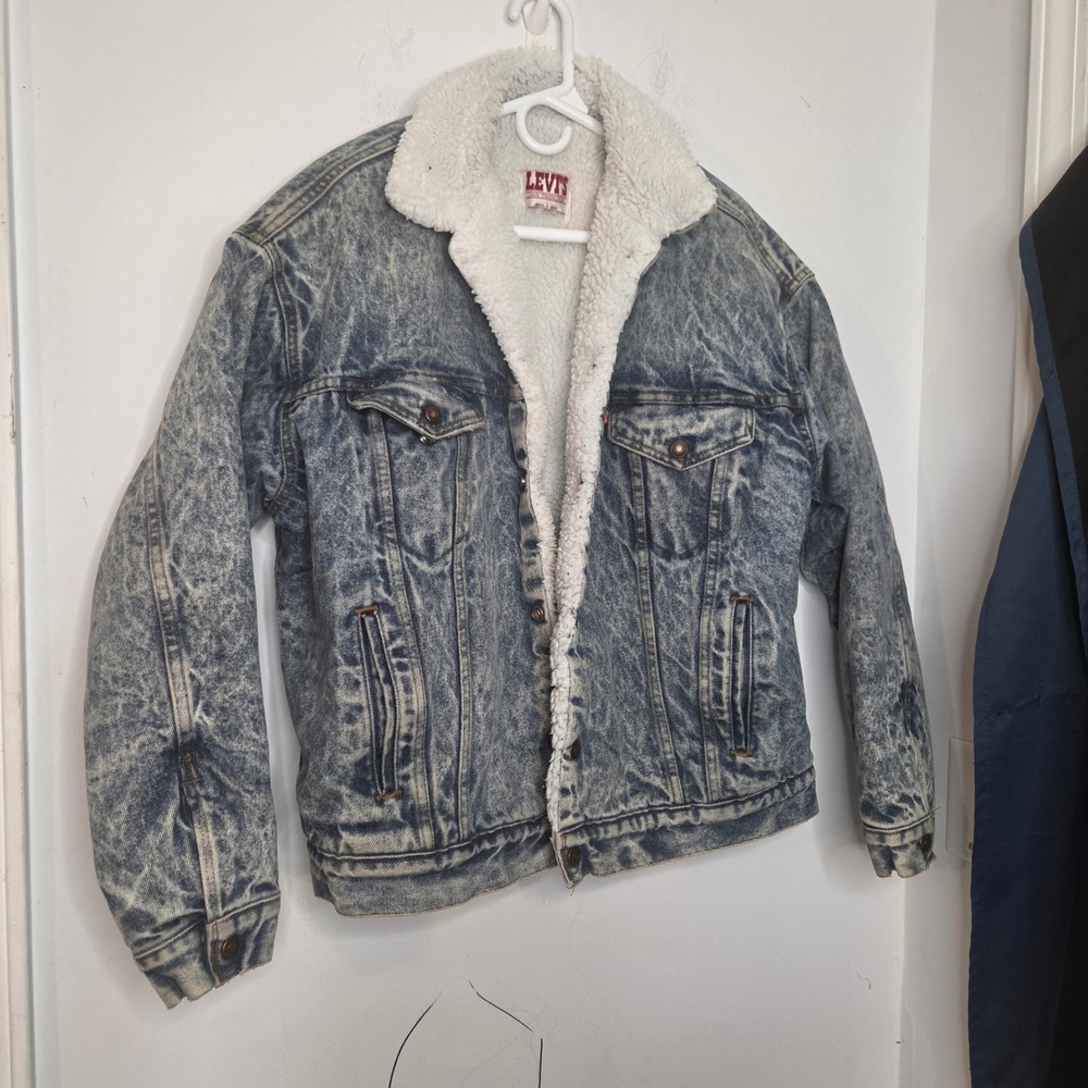 Vintage Levis 70609 Acid Wash Sherpa Lined Denim Trucker Jacket Mens L USA Made